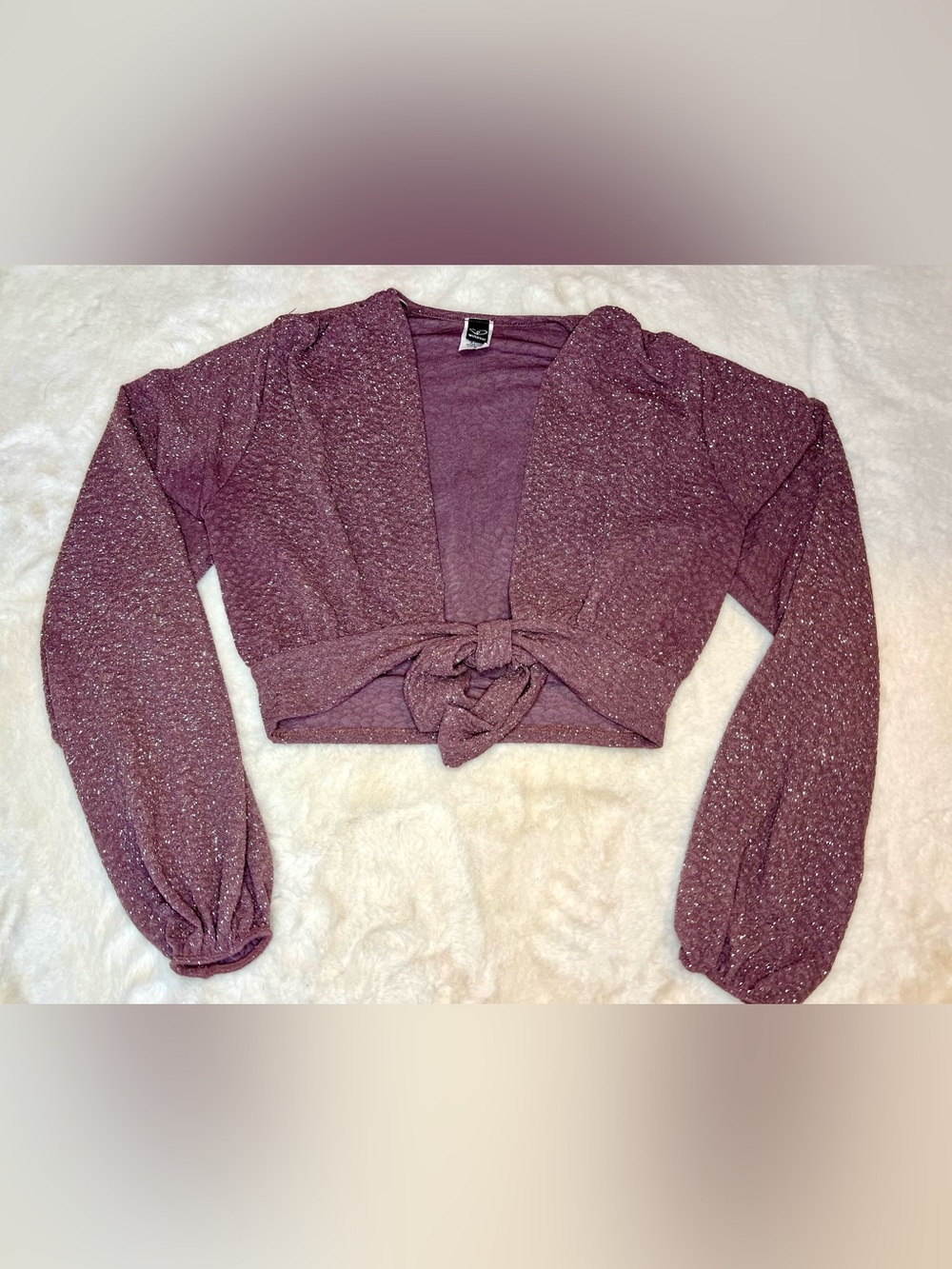 Windsor Sparkly Glitter Tie-Front Crop Top Long Sleeve Mauve Pink / Purple M